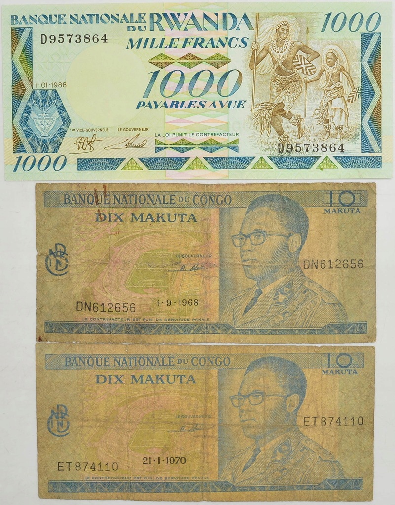 4.db! Zest.Congo, Rwanda, Banknoty szt.3, St.1, 4
