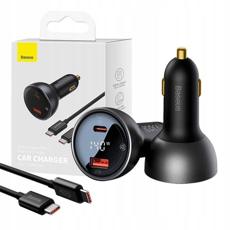 MOCNA ŁADOWARKA SAMOCHODOWA BASEUS USB + USB-C 140W QC 3.0 PD + KABEL USB-C