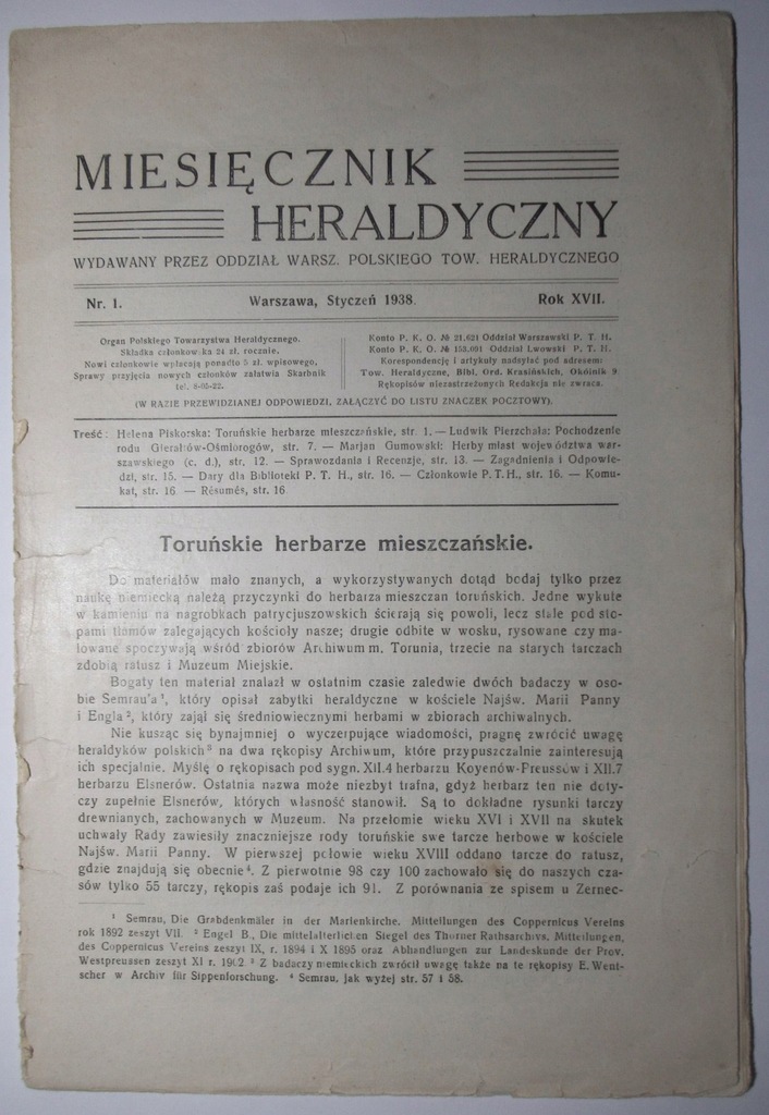 Miesięcznik heraldyczny, Numer 1 z 1938 r. HERBY MIAST WOJ. WARSZAWSKIEGO