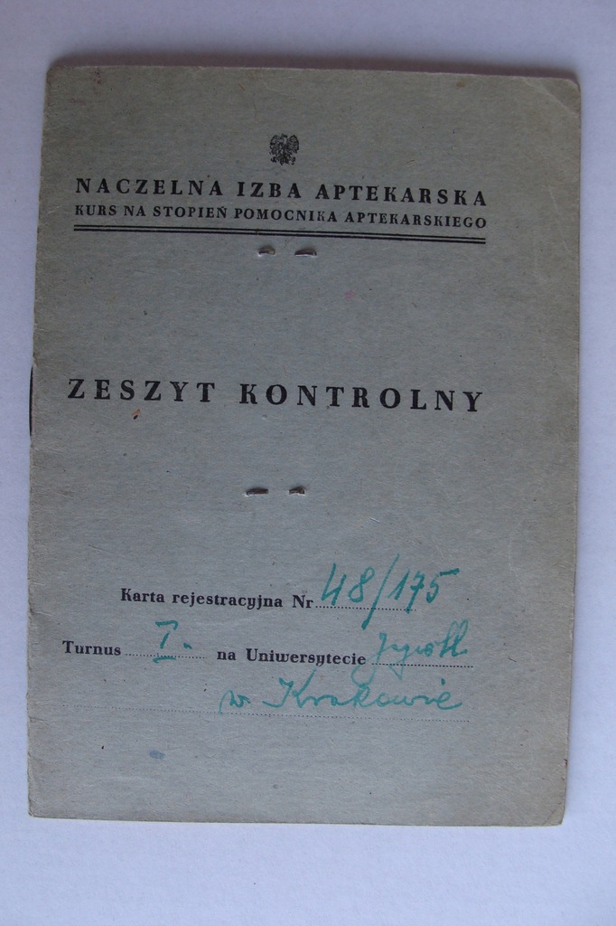 KRAKÓW NACZELNA IZBA APTEKARSKA INDEKS 1949 APTEKA