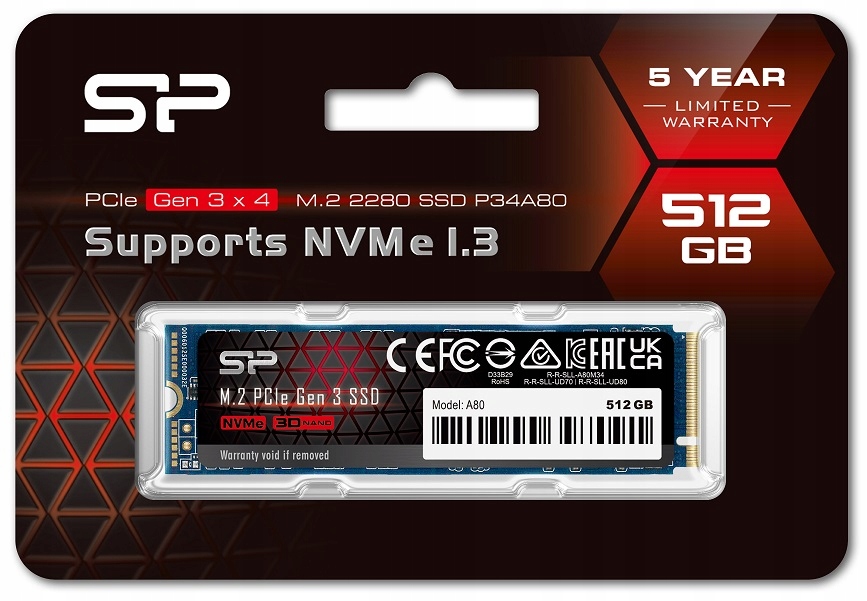 Dysk SSD Silicon Power A80 512GB M2 PCI Gen3x4 NVMe 3400/2300 MB/s