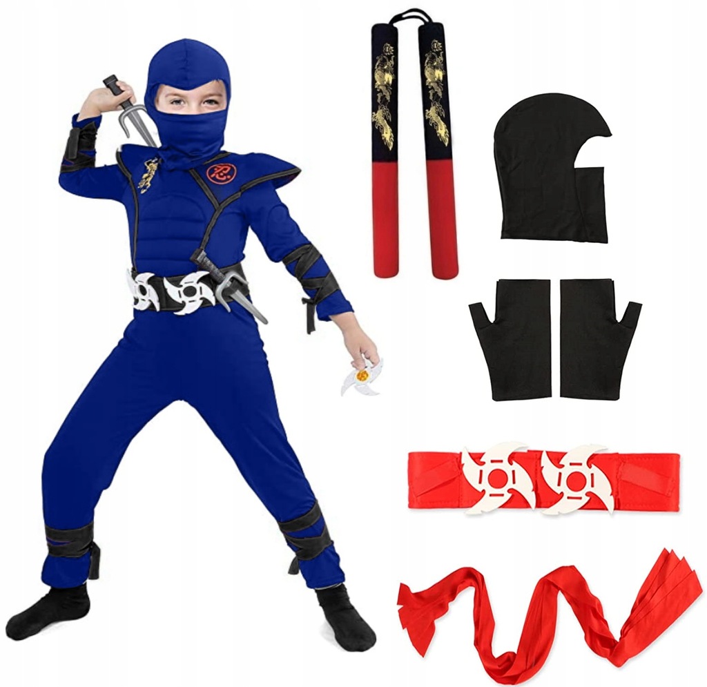 Strój BLUE NINJA DRAGON SREBRNA GWIAZDA + NUNCHAK