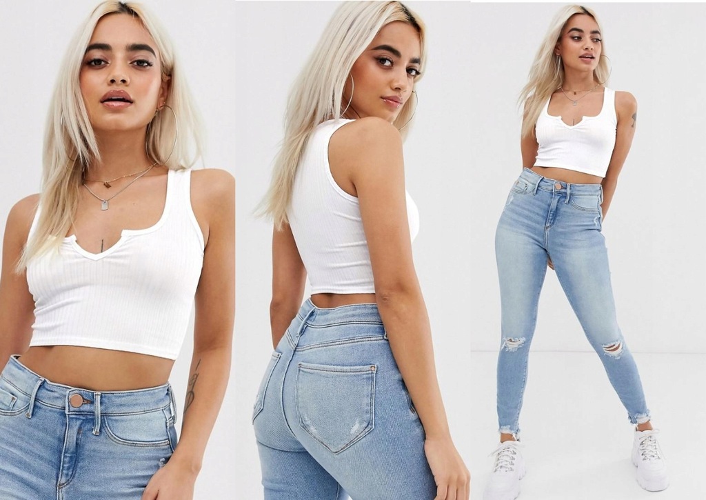 BOOHOO PRĄŻKOWANY CROP TOP NA RAMIĄCZKACH L