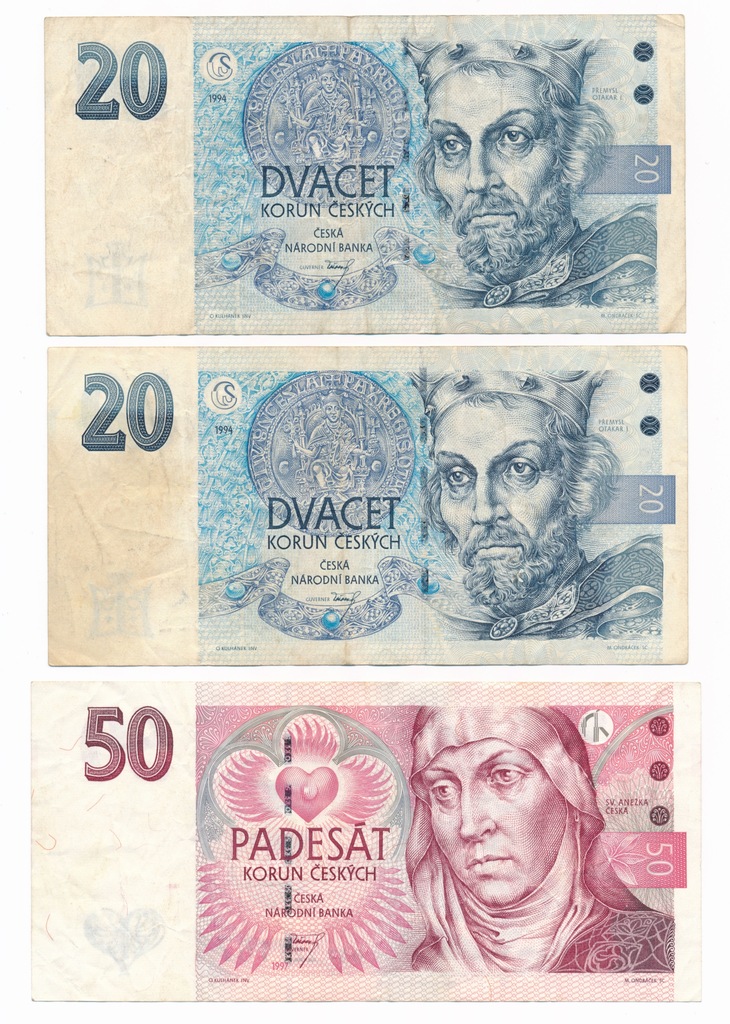 Czechy, 10 koron 1994, 50 koron 1997, Zestaw 3 sztuki