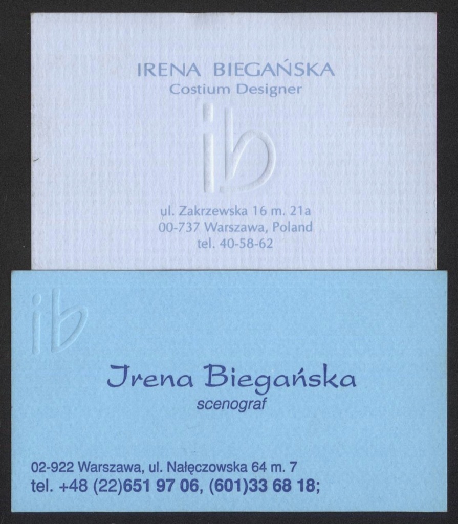 Irena Biegańska, scenograf - 2 wizytówki