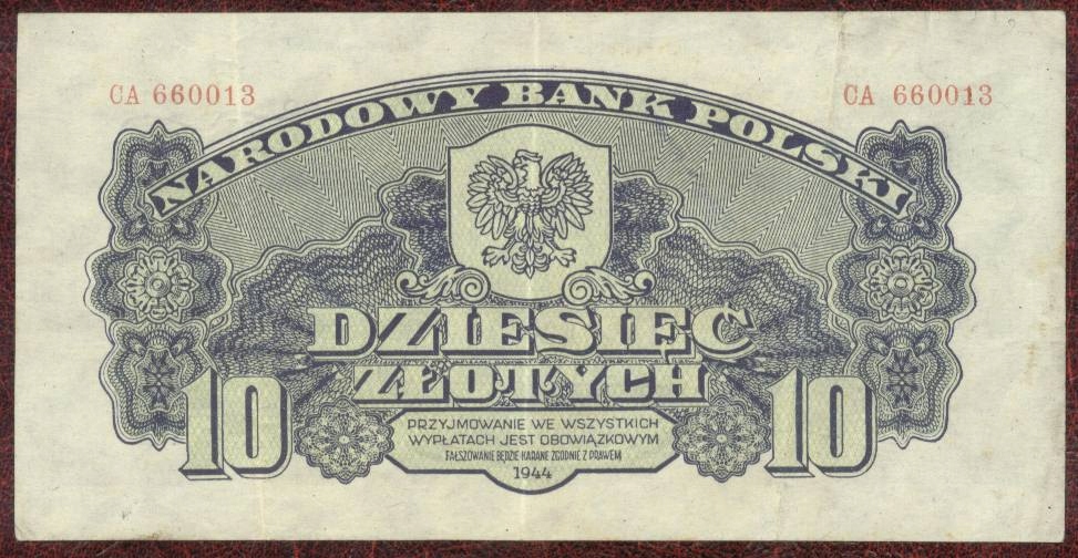 10 zł. 1944 r. ser. AC (..owym) st. 3+ b. rzadki - PIĘKNY