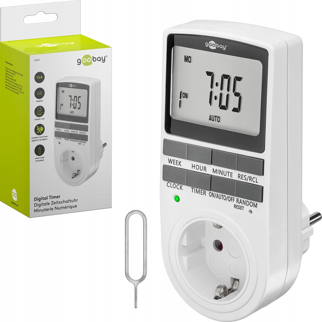 Programowalny timer do gniazdka Goobay 3680W z trybem losowym 230V