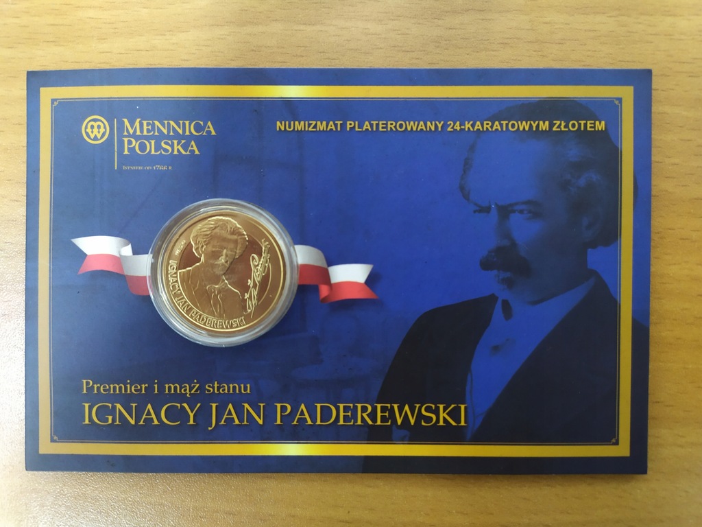 Numizmat Paderewski platerowany 24karatowym złotem