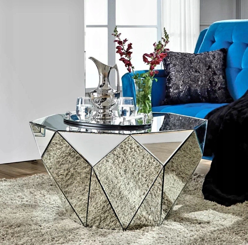 STOLIK KAWOWY glamour srebrny lustrzany diament 90