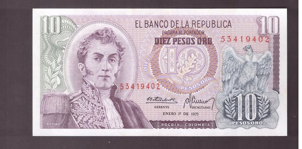 Kolumbia - banknot - 10 Pesos 1975 rok