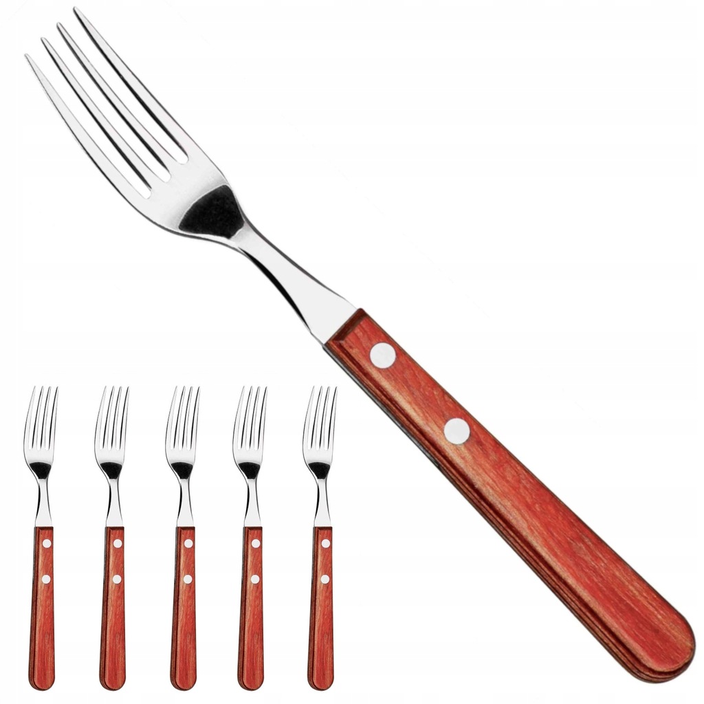 ZESTAW WIDELCÓW DO STEKÓW PIZZY NIERDZEWNE DREWNIANY UCHWYT 6 SZT HENDI