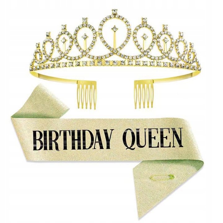 Złota szarfa na urodziny ,,Birthday Queen" + korona tiara złota