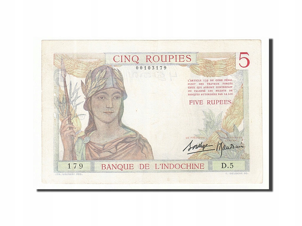 Banknot, Indie Francuskie, 5 Roupies, 1937, UNC(60