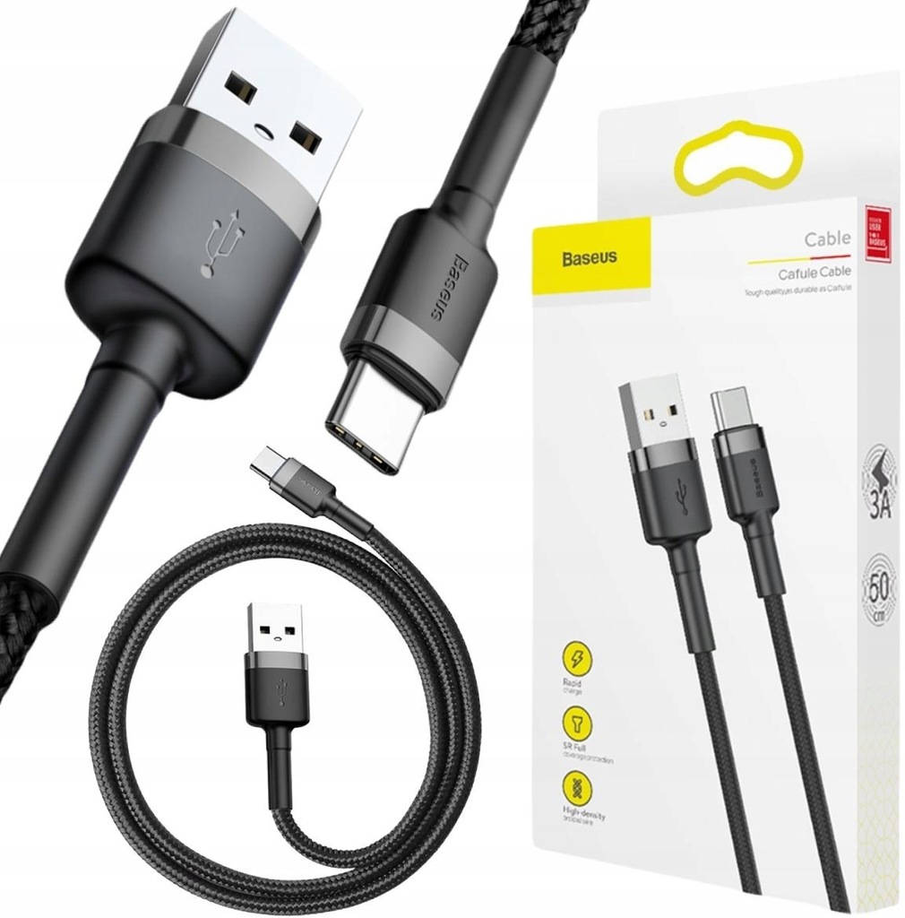 Baseus SZYBKI KABEL QC 3.0 USB-A/USB-C ŁADOWANIE TRANSFER 0,5m 3A OPLOT