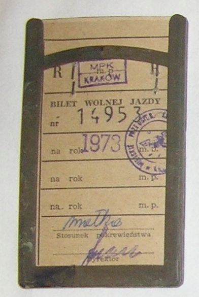 M.P.K. KRAKÓW BILET WOLNEJ JAZDY NA ROK 1973