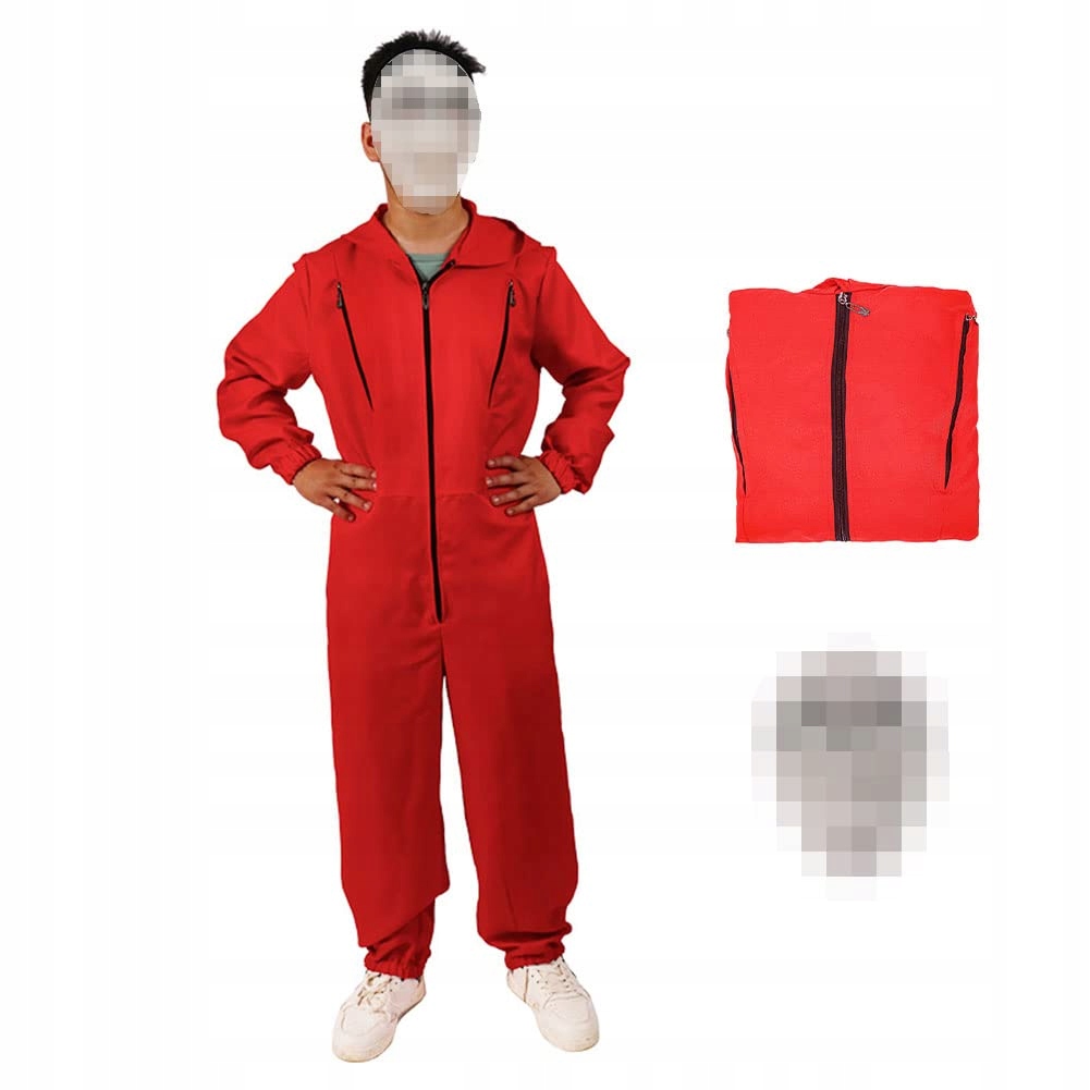 KOSTIUM ZŁODZIEJ BANKU DZIECIĘCY ZESTAW CZERWONY KOMBINEZON MASKA r XL