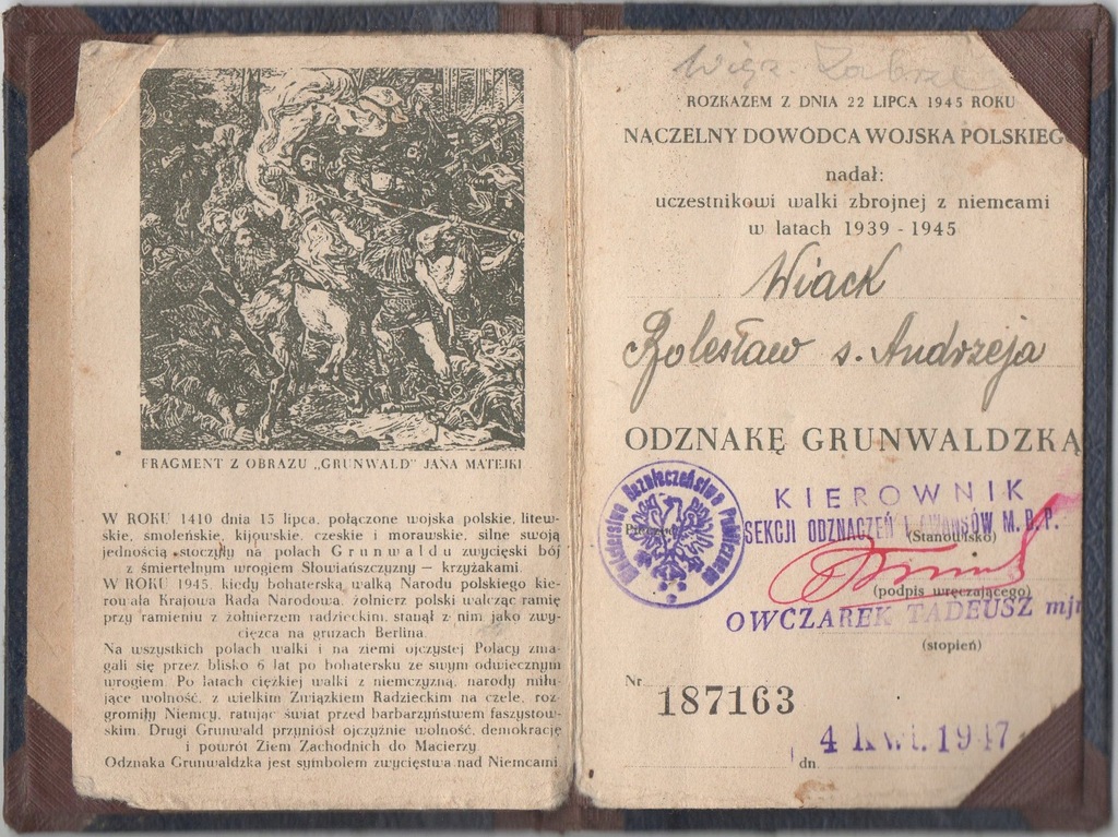 Legitymacja odznaki grunwaldzkiej - etui z epoki