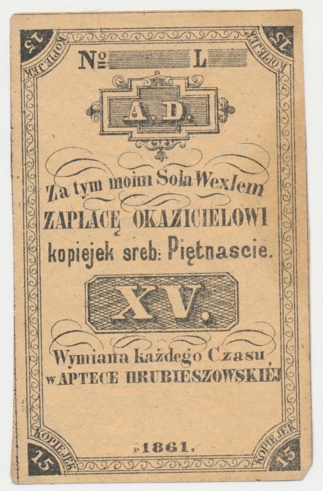 3263. Hrubieszów, APTEKA, 15 kop 1861 - blankiet - st.2+