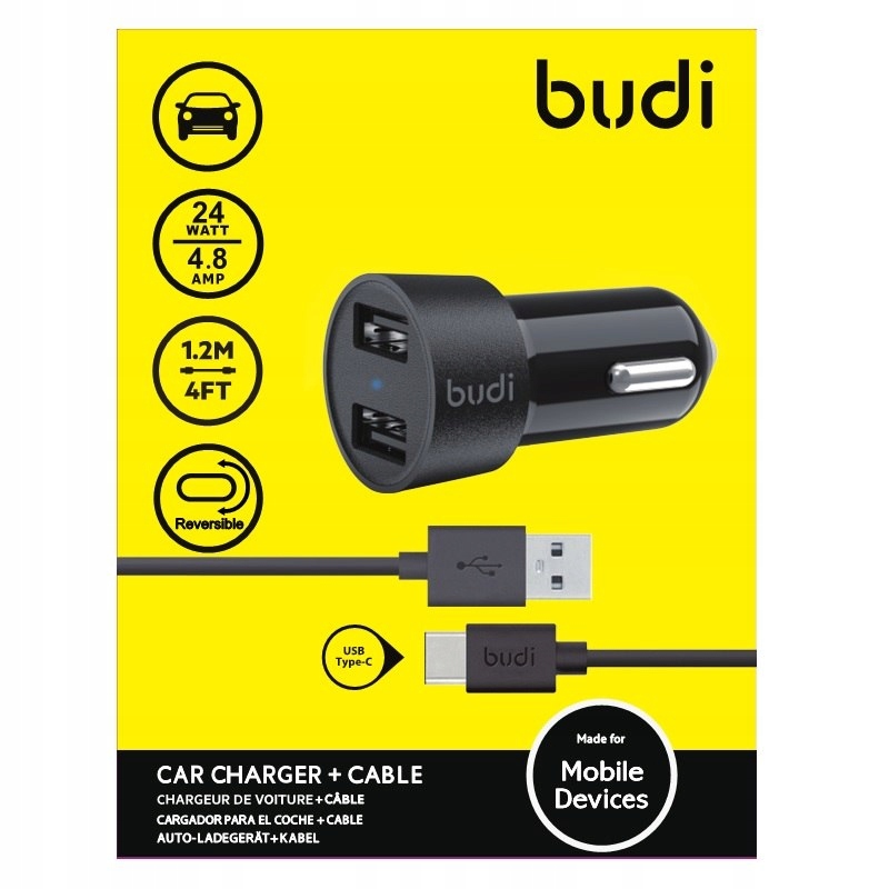 Budi - Ładowarka samochodowa 24W z kablem USB-C 1,