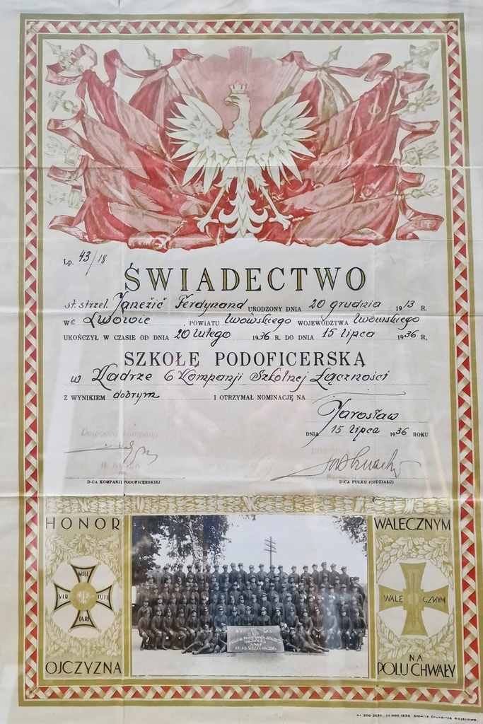 Świadectwo ukończenia szkoły podofic. 6 Bat. Telegraficzny Jarosław 1936 r.