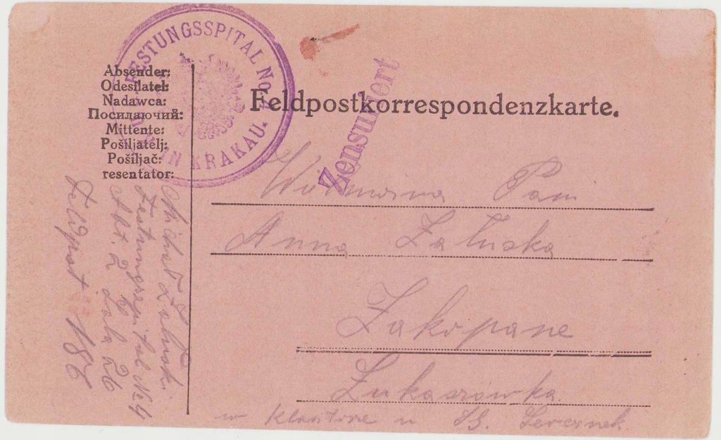 1915 Feldpost- Kraków Zakopane cenzura j. polski