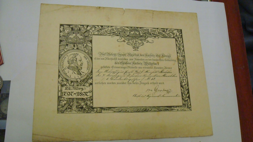 Prusy oryginalny czytelny dokument dyplom do medalu 1897