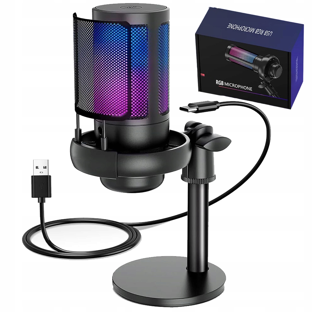 Mikrofon USB Do Komputera Gamingowy Pop-Filter USB RGB Jack 3.5mm Czarny