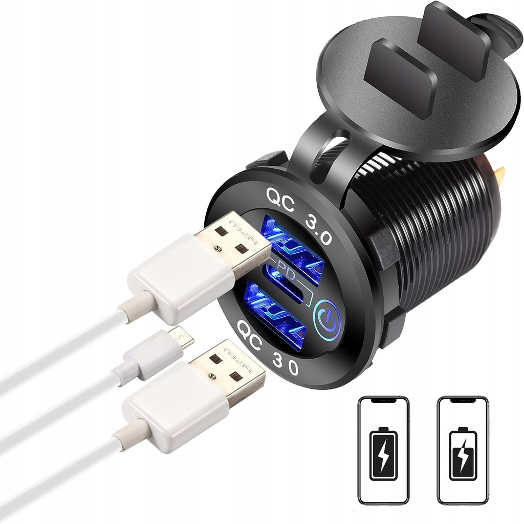 ŁADOWARKA PD TYPE-C QC3.0 12V-24V Z WŁĄCZNIKIEM LED I DOTYKOWYM