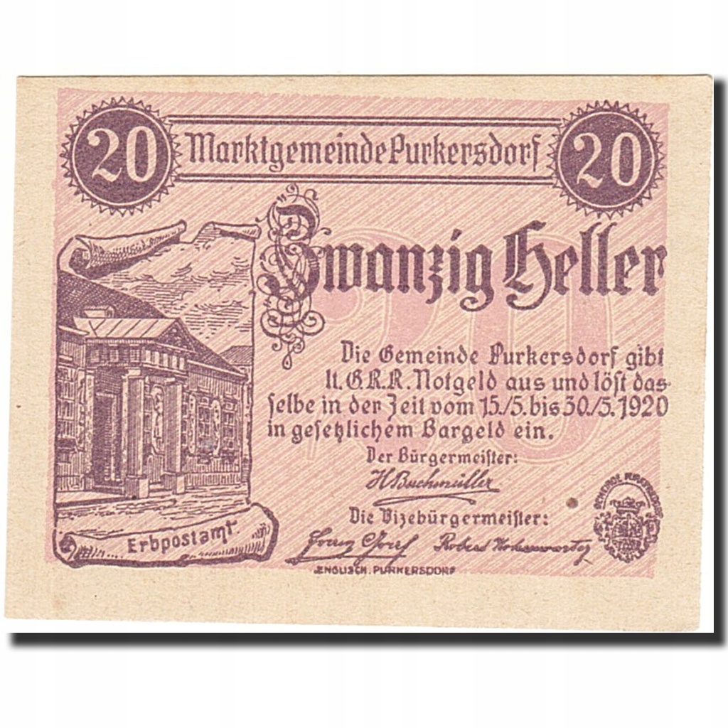 Banknot, Austria, Pukersdorf, 20 Heller, parchemin