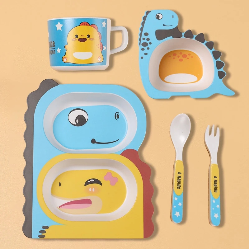 Cartoon Bamboo Fiber Baby Feeding Plate Children Tableware Tray Dish Bowl