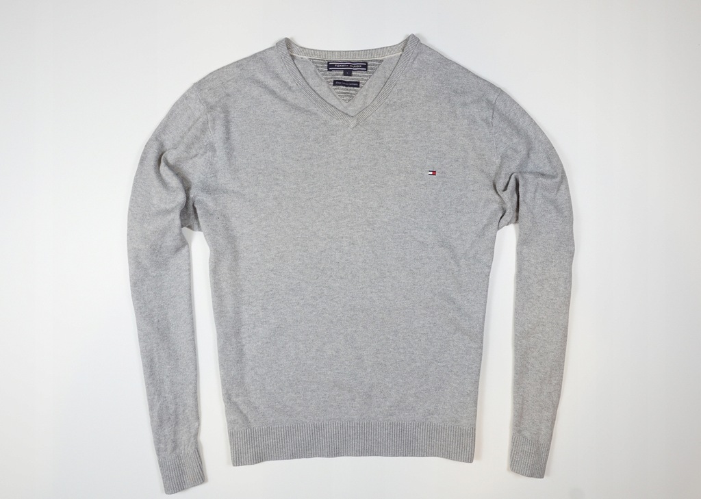 TOMMY HILFIGER SZARY SWETER V-NECK PREMIUM KASZMIR