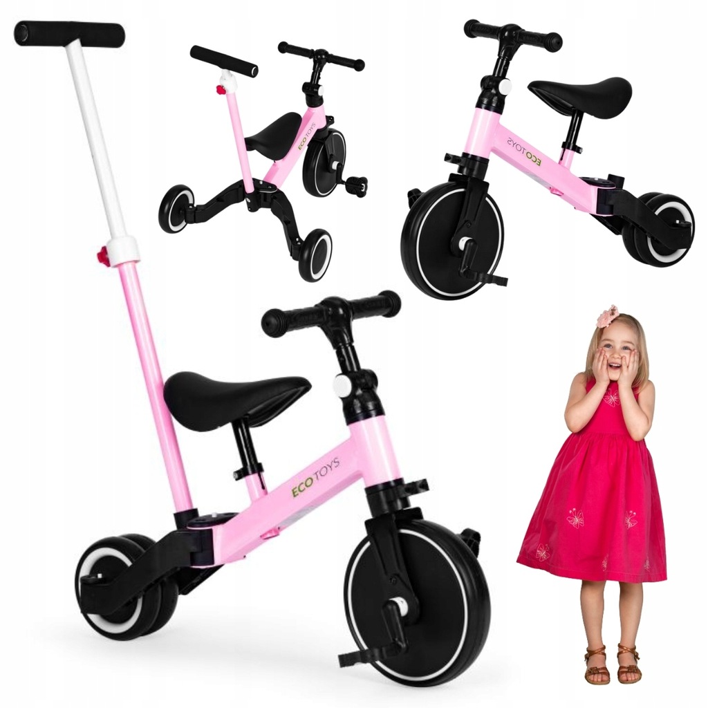 ROWER TRÓJKOŁOWY BIEGOWY 2W1 RĄCZKA DO PROWADZENIA RÓŻOWY - ECOTOYS