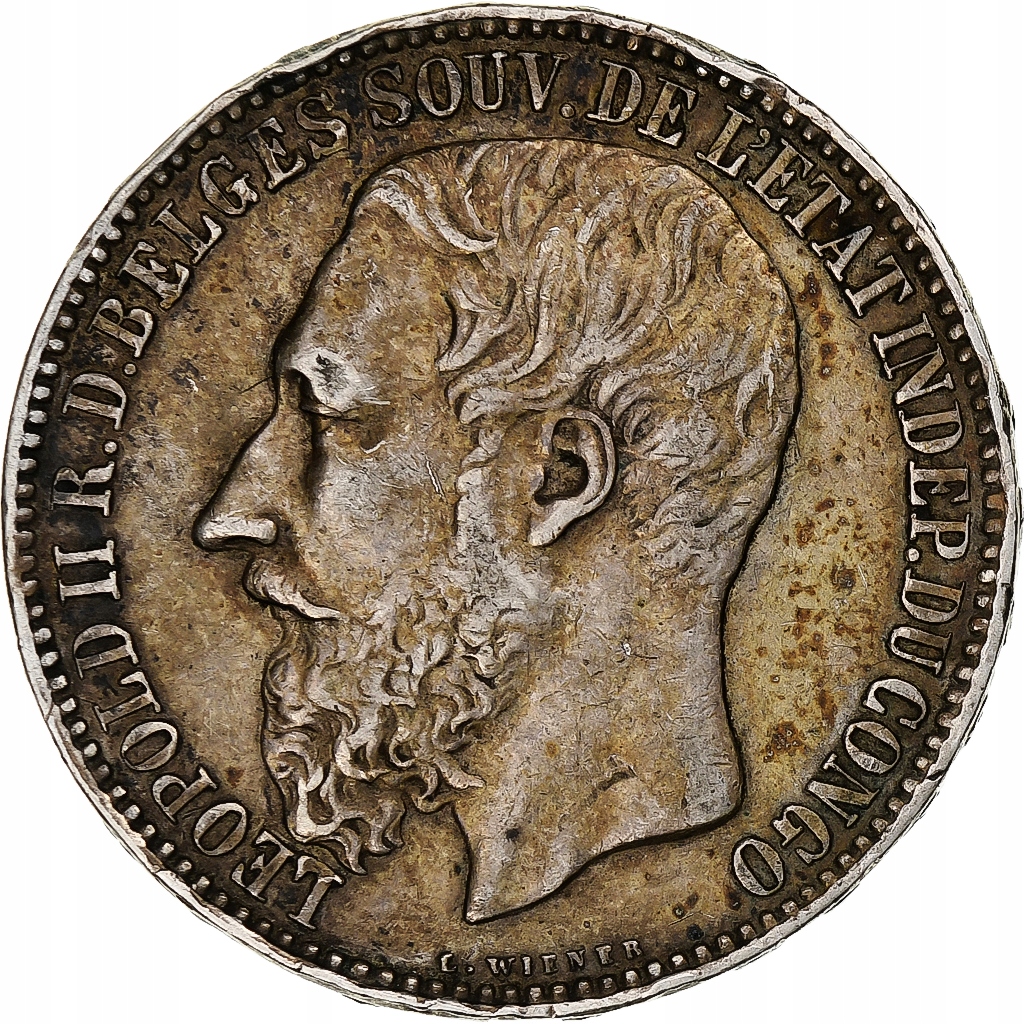 WOLNE PAŃSTWO KONGO, Leopold II, 5 Francs, 1887, B