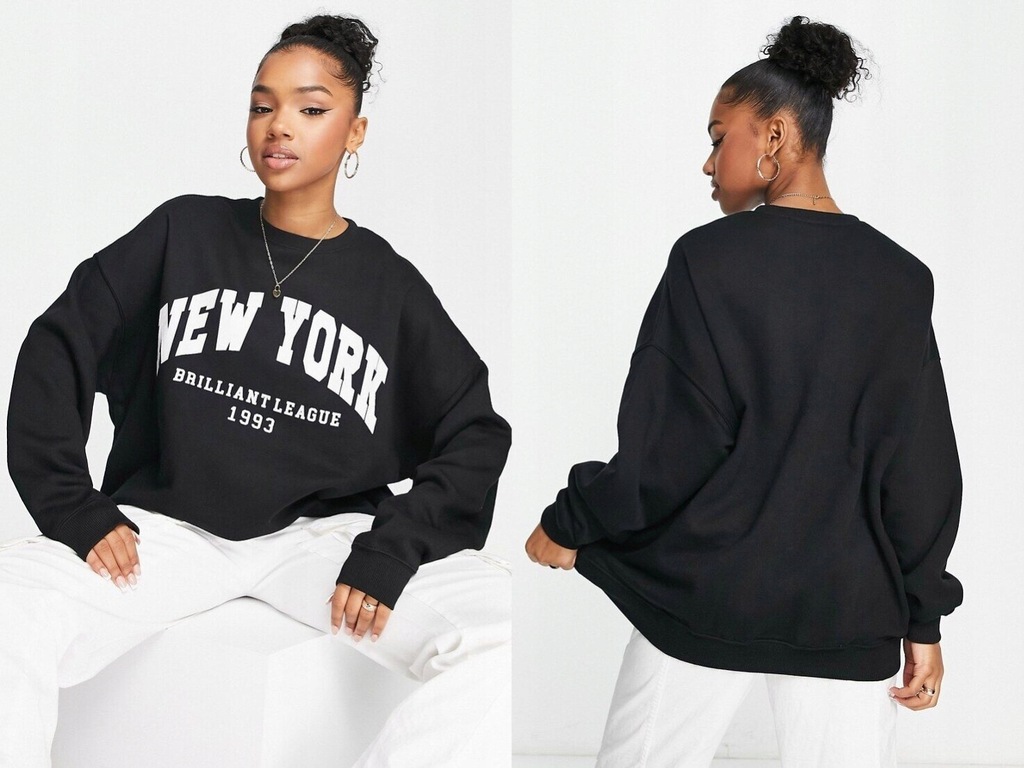 Bershka Czarna bluza oversize nadruk new york L