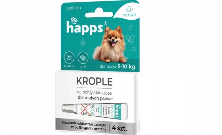 HAPPS HERBAL KROPLE NA PCHŁY I KLESZCZE DLA PSÓW MAŁYCH 5-10 KG, 4 X 1 ML