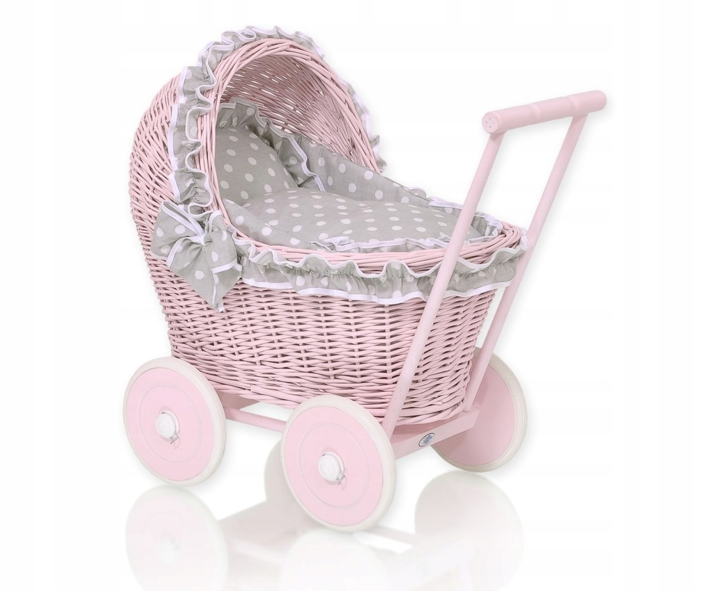 Wiklinowy wózek dla lalek pchacz różowy z szarą pościelką i miękką wyściółk