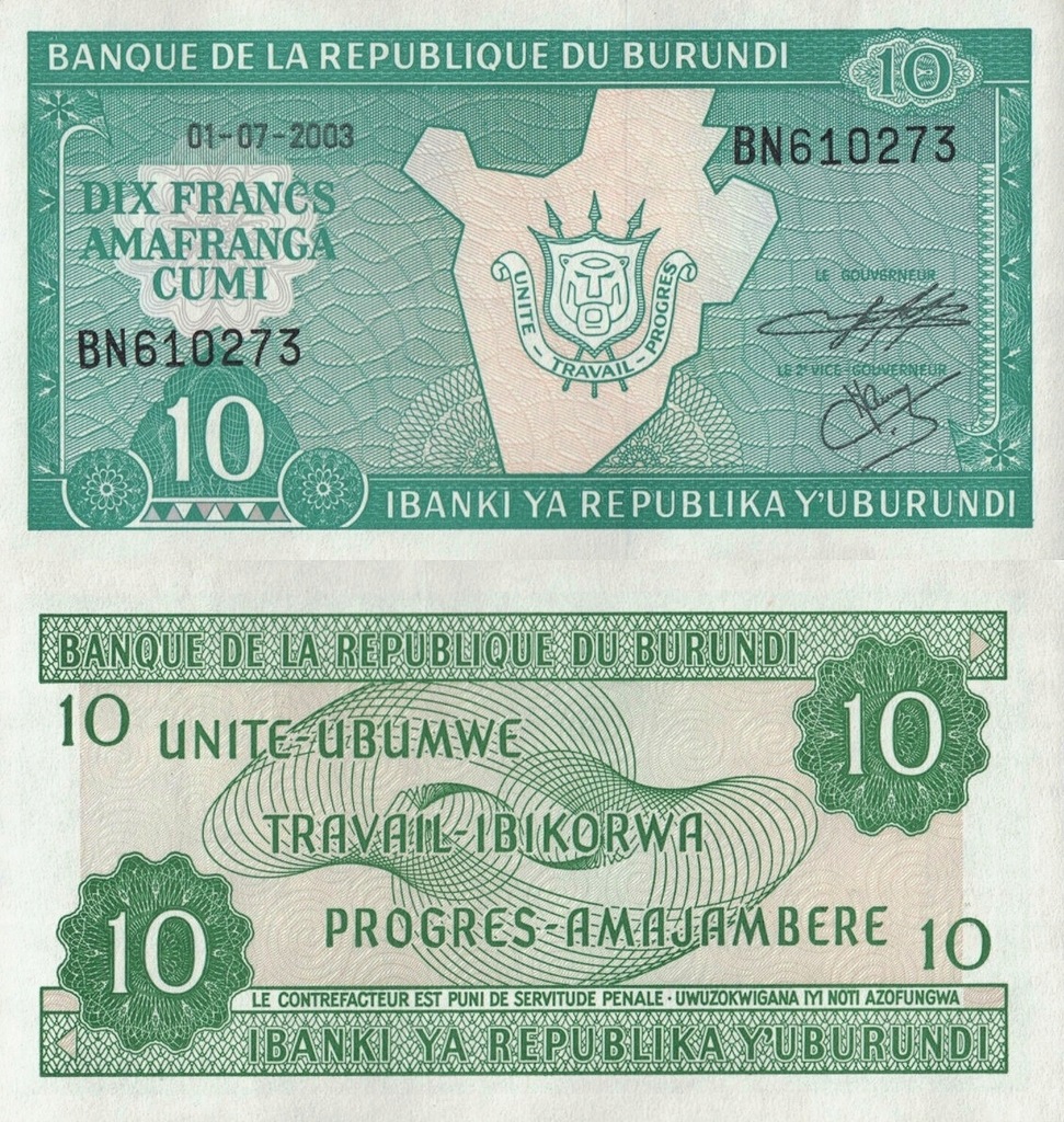 # BURUNDI - 10 FRANKÓW - 2003 - P33d - UNC