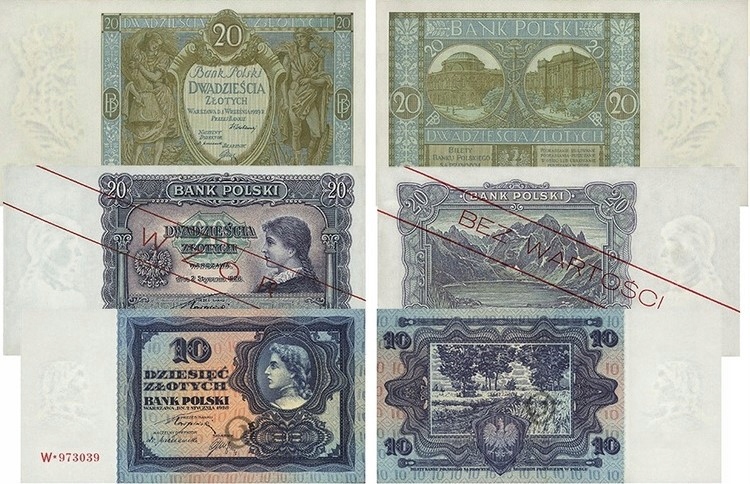 10 i 20 ZŁOTYCH (x2) 1928-1929 BANKNOTY NIEOBIEGOWE KOPIE ZESTAW 3 szt.