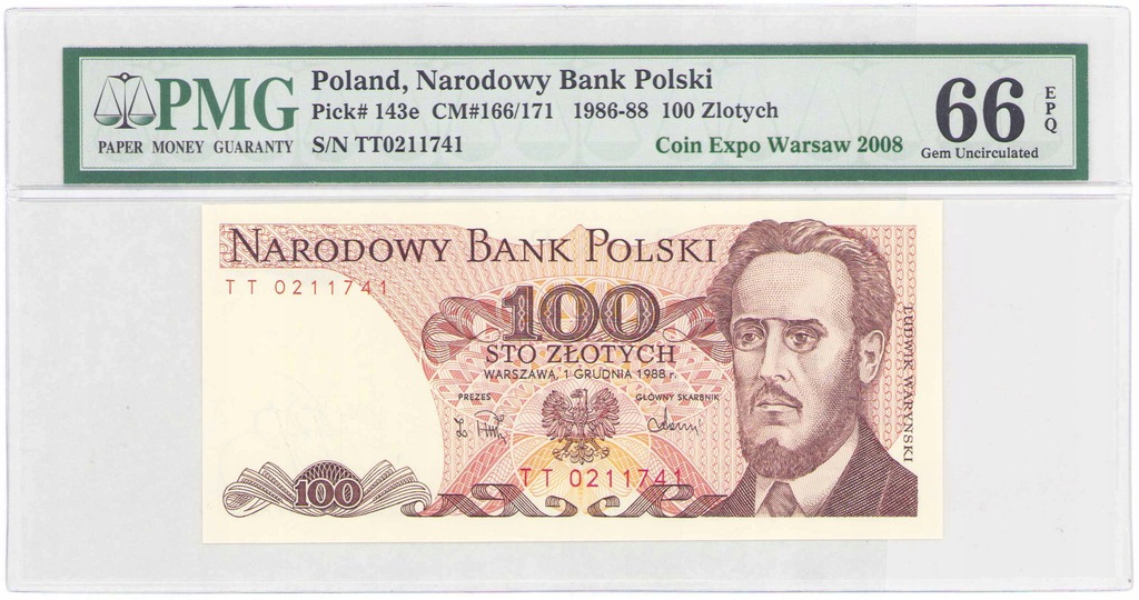 100 złotych 1988 seria TT, PMG 66 EPQ