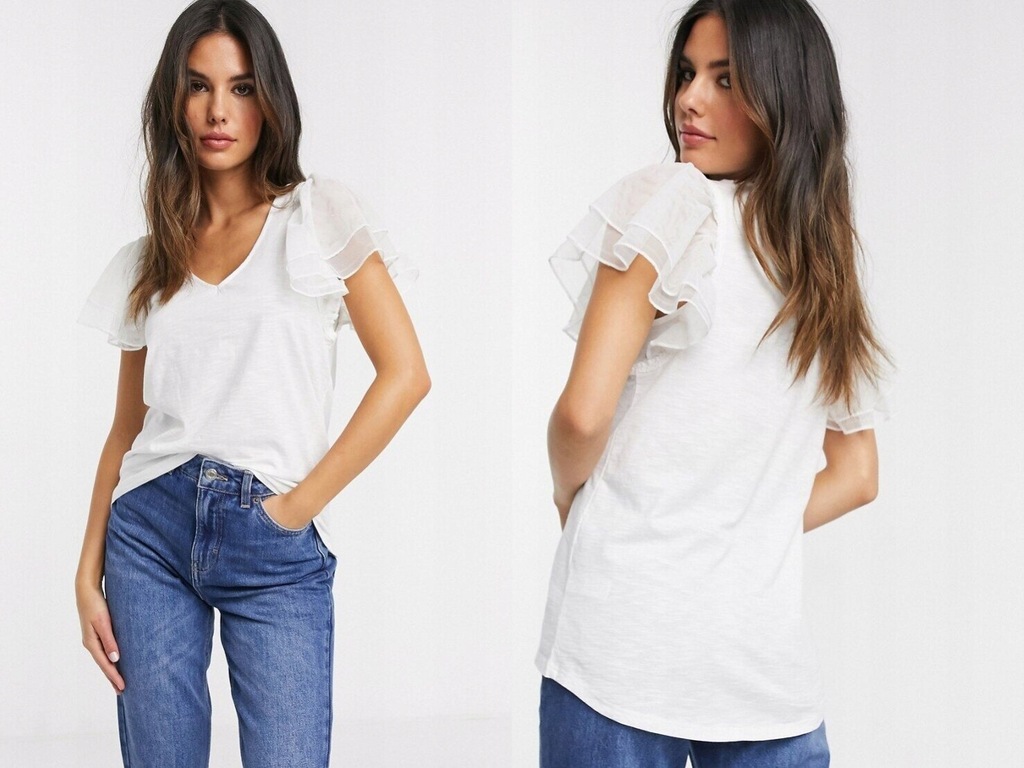 River Island Biały t-shirt wykończony falbanką M