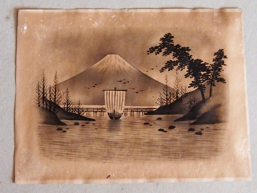 Stara grafika - Dżonka na tle góry Fudżi