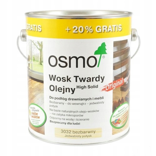 OSMO WOSK TWARDY OLEJNY 3032 BEZBARWNY JEDWABISTY POŁYSK - PROMOCJA 3L