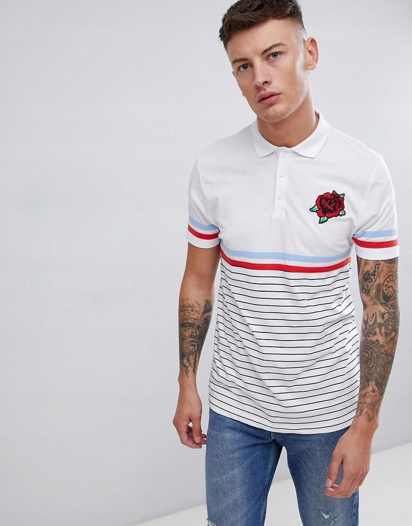 ASOS __XDI T-SHIRT POLO W PASKI Z HAFTEM__L