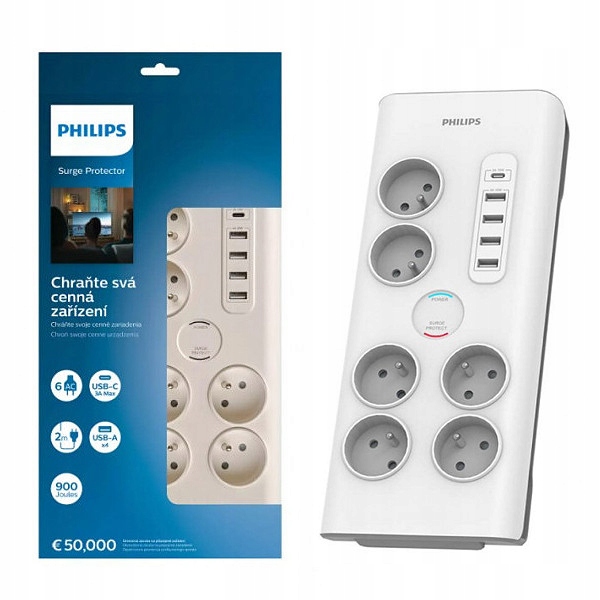 PRODLUŽOVACÍ KABEL PHILIPS PRO 6 ZÁSUVEK + 5 USB 2M BÍLÝ 16A SPN7060WA