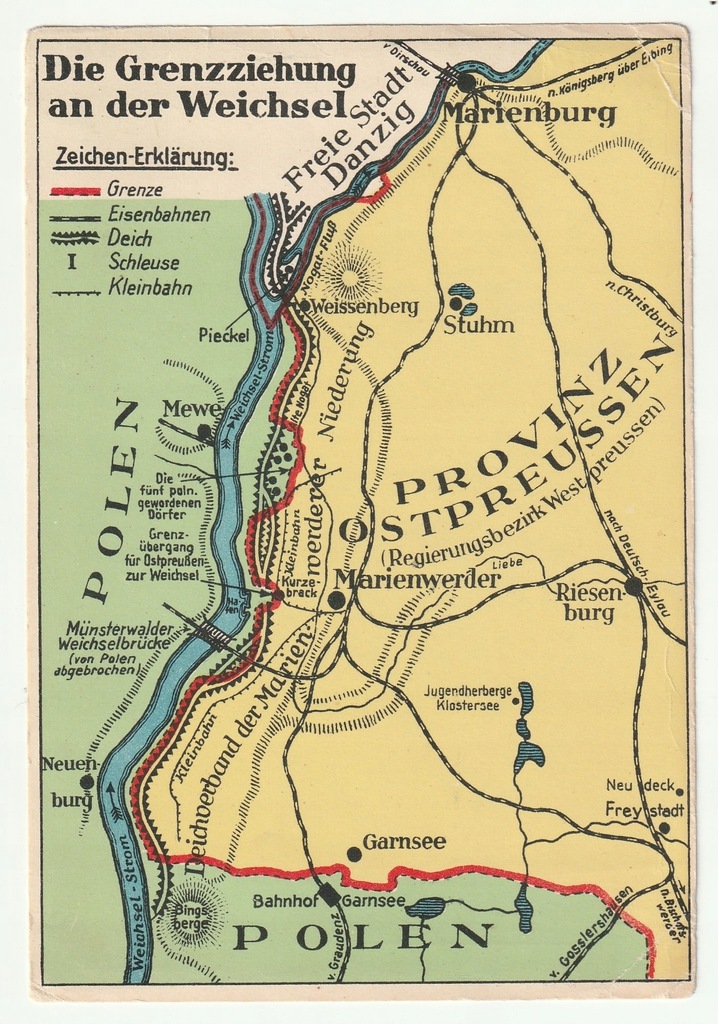 WISŁA, PRUSY WSCHODNIE. Mapa części Prus Wschodnich sprzed 1939