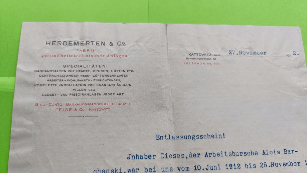Zaśw. na Oryg. Dru. Herdemerten & Co Fabrik Gesund. Anlagen Kattowitz -1912