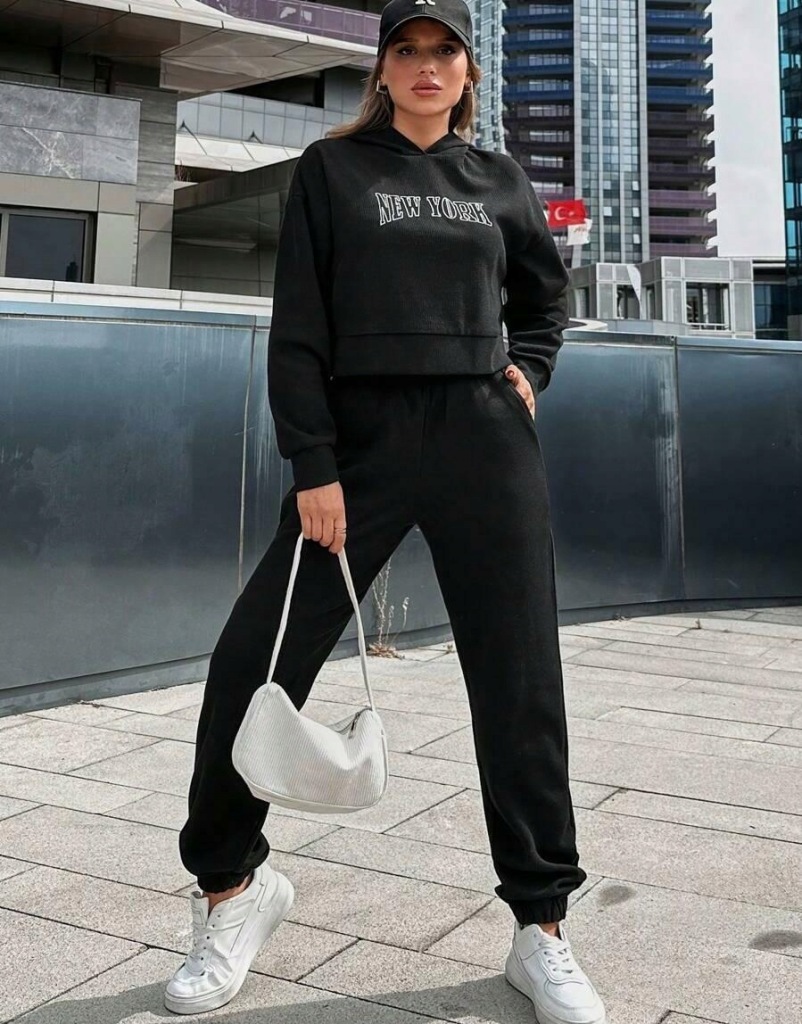 SHEIN CZARNY KOMPLET BLUZA Z KAPTUREM SPODNIE TEKSTURA RQ1 LT6__S