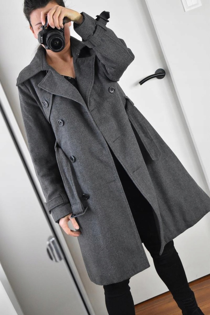 TCM Tchibo Płaszcz wełniany damski dwurzędowy Wool Coat wiązany 38 M