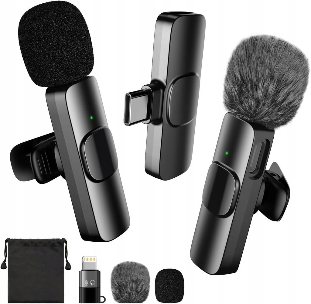 Bezprzewodowy mikrofon krawatowy z adapterem Lightning i USB C, czarny