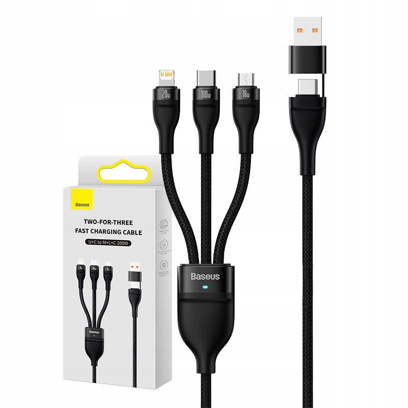 Kabel USB 3w1 Baseus Flash 2, USB-C + micro USB + Lightning 100W 1.2m